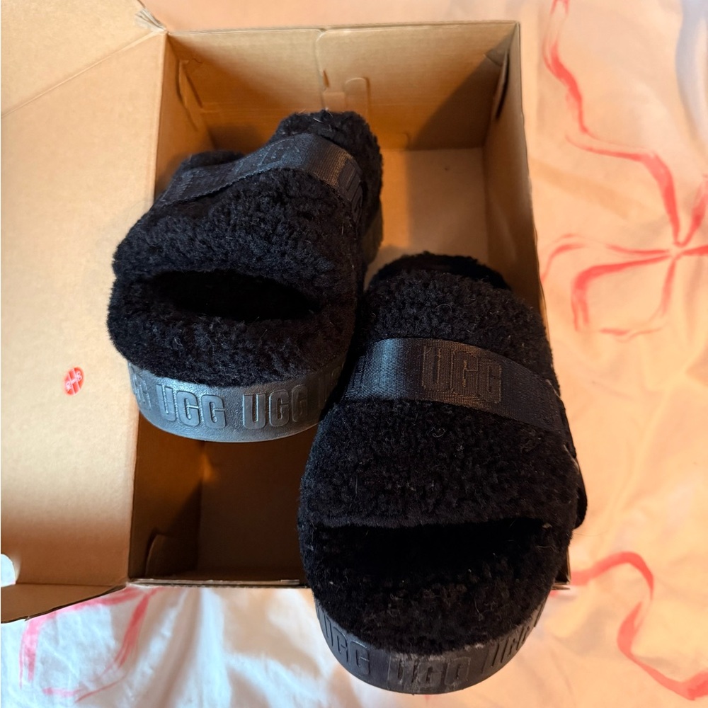 UGG Black Fluffy Slippers